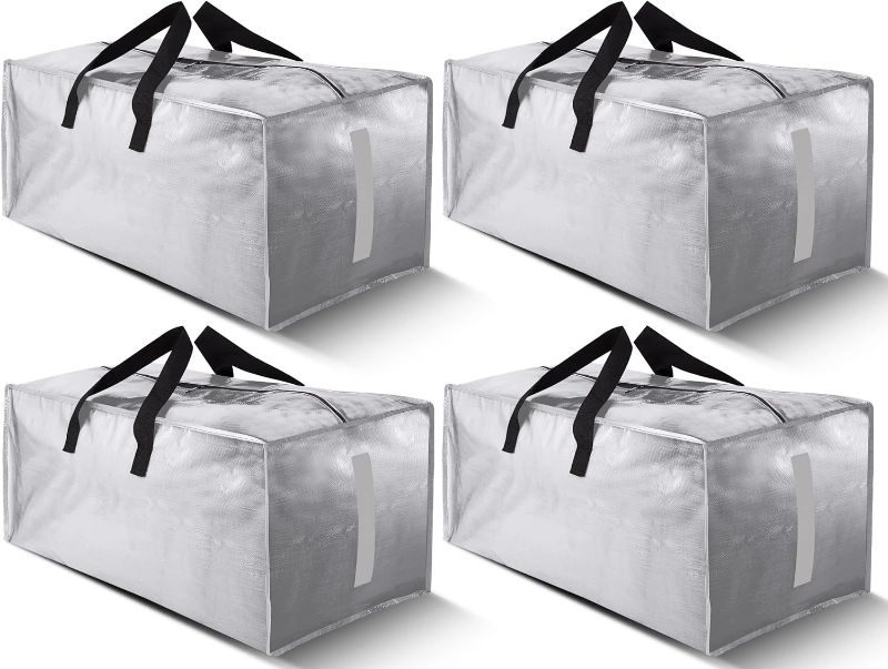 Photo 1 of 4 Pack Large Strong Moving Bags with Zippers & Carrying Handles - Water-Resistant - Heavy Duty Storage Tote for Space Saving Moving Storage, Fold Flat, Alternative to Moving Box (Silver)
