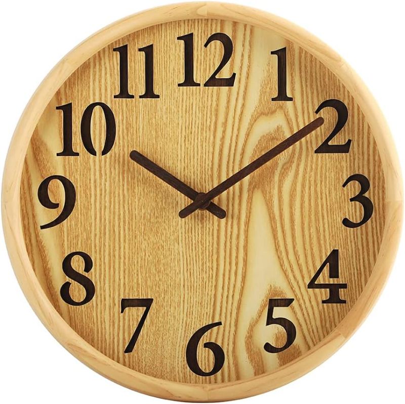 Photo 1 of 12 Inches Round Wooden Wall Clock Battery Operated Silent Non-Ticking,Wood Pointer&No Glass Cover,for Office Kitchen Bedroom Classroom&Living Room, Nature 05
