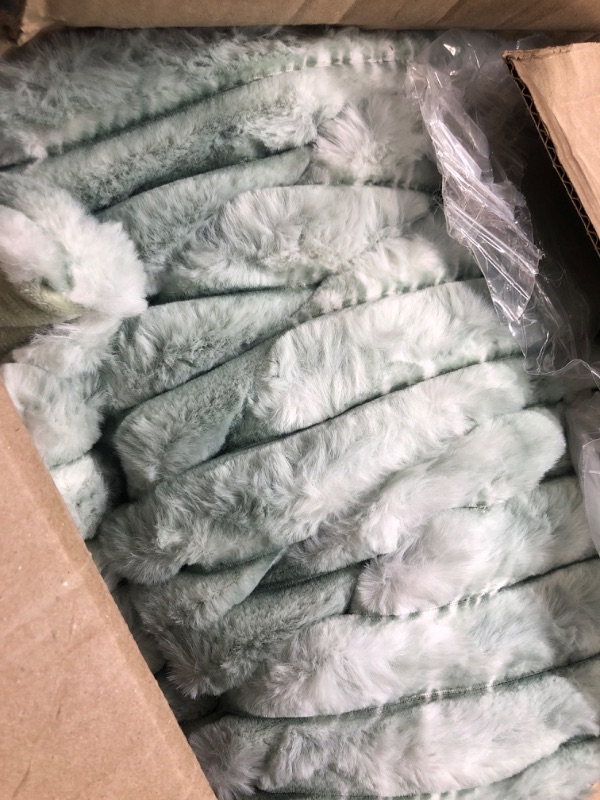 Photo 3 of Furry Faux Fur Blanket Flannel Fleece Faux Fur Throws, Soft Fuzzy Striped Fleece Throw Blanket for Couch Sofa Bed Living Room, Light Green - 60"x 80"
