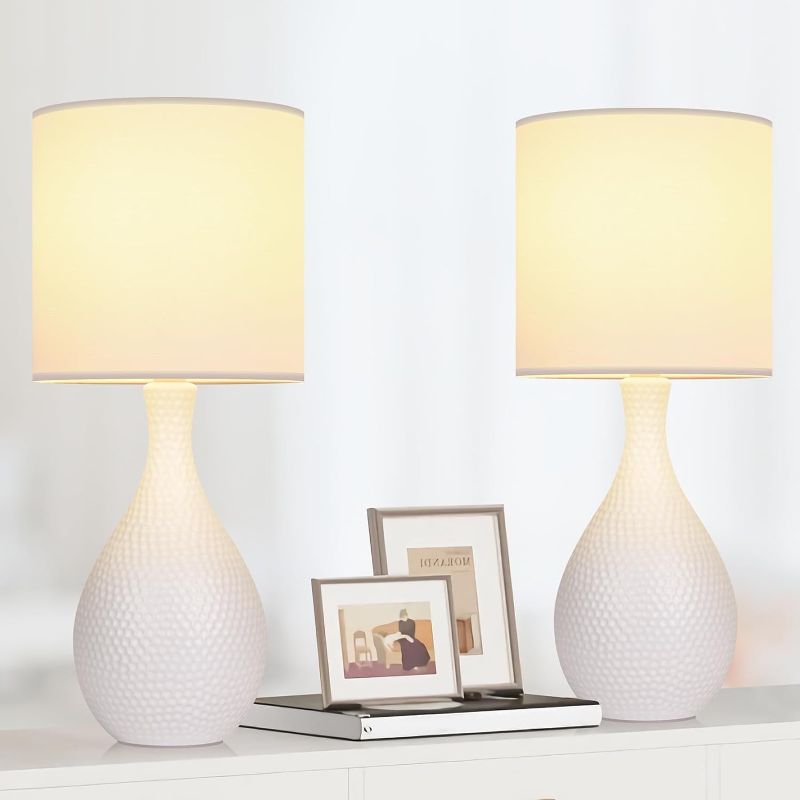 Photo 1 of 16.6in Ceramic Table Lamps Set of 2, Modern White Lamps for Living Room End Table, Bedside Nightstand Lamps for Bedroom Dorm Office, Coastal Lamps with Ceramic Vase Bases(Bulb not Included)
