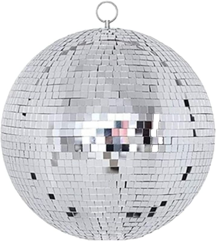Photo 1 of  Disco Ball Decorations, 70's 80's 90's Silver Rotating Glass Mirror Ball with Hanging Ring, for Outdoor Ceiling Mount DJ Club Lighting Holiday Easter Party