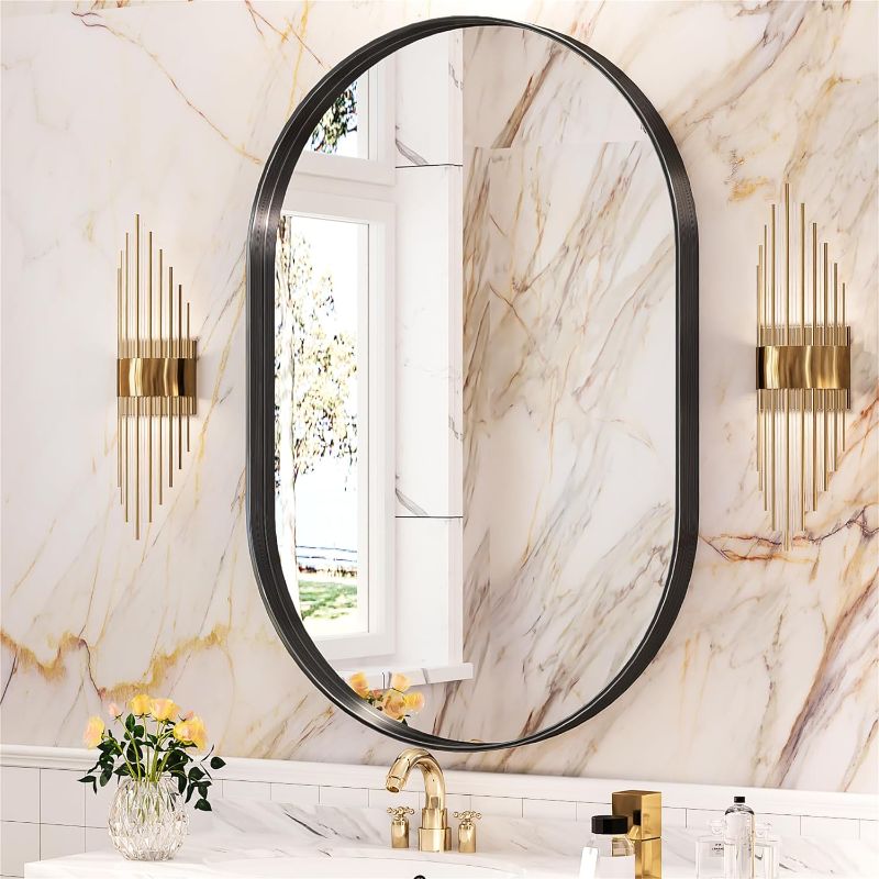 Photo 1 of 24" x 36" Oval Bathroom Mirror, Black Oval Mirror, Bathroom Vanity Mirror Metal Framed, Wall-Mounted Mirrors for Bedroom, Living Room, Entryway, Over Sink, Hallway, Horizontal/Vertical