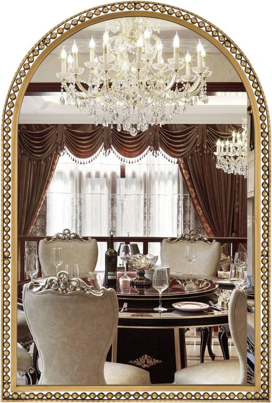 Photo 1 of 24" x 36" Arch Wall Mirror, Antique Gold Metal Beaded Frame Bathroom Mirror, Vintage Classic Distressed Hanging Mirror for Vanity Mantel Entryway Living Room