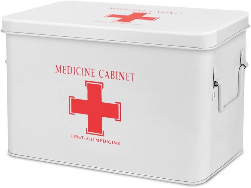 Photo 1 of Flexzion First Aid Medicine Box Supplies Kit Organizer - Empty 13" White Metal Tin Medic Storage Bin Hard Case with Removable Tray Red Cross, Vintage Antique Boxes for Home Family Emergency Tool Set
