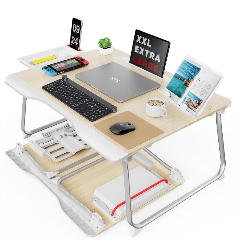 Photo 1 of SAIJI Folding Bed Desk for Laptop, Eating Breakfast, Writing, Gaming, Extra Large 25.6" x 19.3" Portable Floor Stand Laptop Desk Table for Adult,Kids, Wood Bed Tray Table Lap Desk
