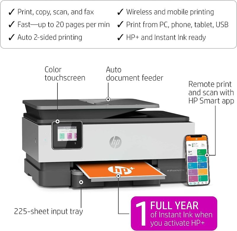 Photo 1 of HP OfficeJet Pro 8034e Wireless Color All-in-One Printer with 1 Full Year Instant Ink (Renewed Premium),White
