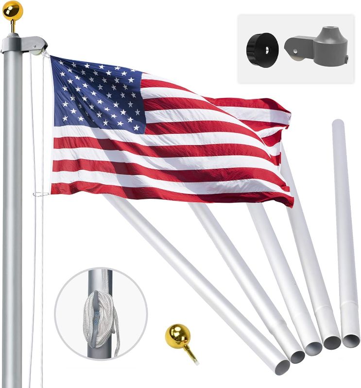 Photo 1 of 20FT Sectional Flag Pole Kit, Extra Thick Heavy Duty Aluminum Flagpole Rope and Clips Kit Fly 2 Flags, Outdoor Inground Large Flag Poles with 3x5 USA Flag for Yard, Residential or Commercial, Silver
