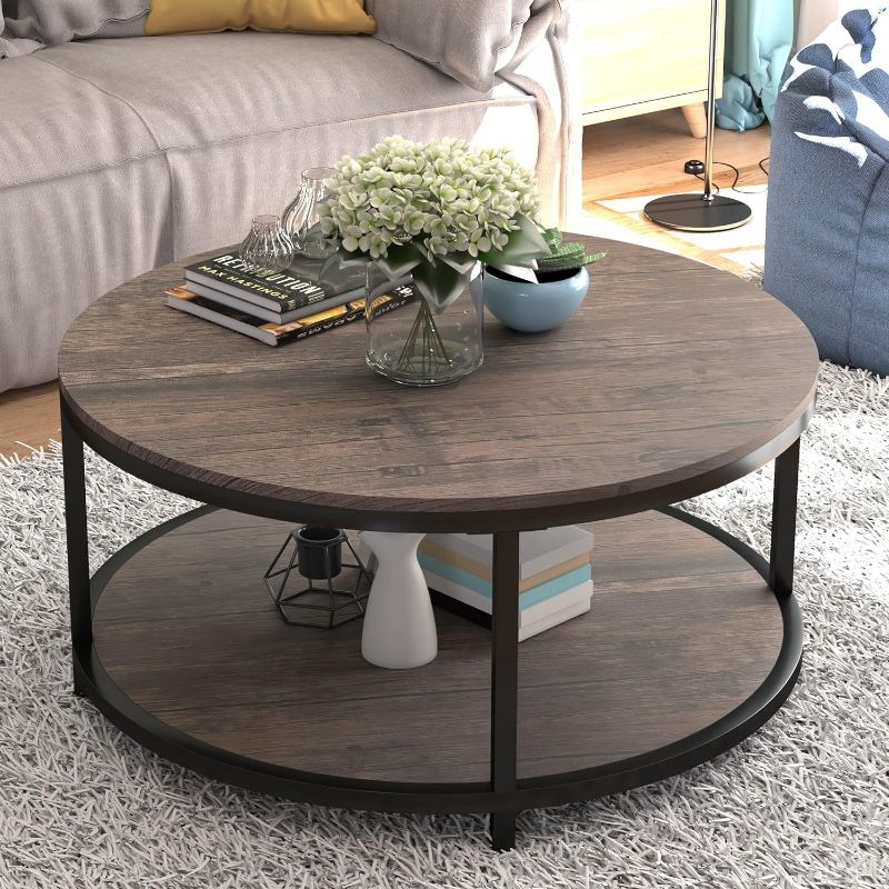 Photo 1 of ***MISSING PIECES//SOLD AS PARTS*** 
NSdirect Round Coffee Table,36" Coffee Table for Living Room,2-Tier Rustic Wood Desktop with Storage Shelf Modern Design Home Furniture(Light Walnut)