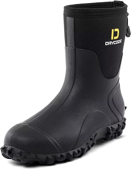 Photo 1 of D DRYCODE Work Boots for Men with Steel Shank, Waterproof Rubber Boots, Warm 6mm Neoprene Anti Slip Durable Rain Boots, Black, Size 5-14