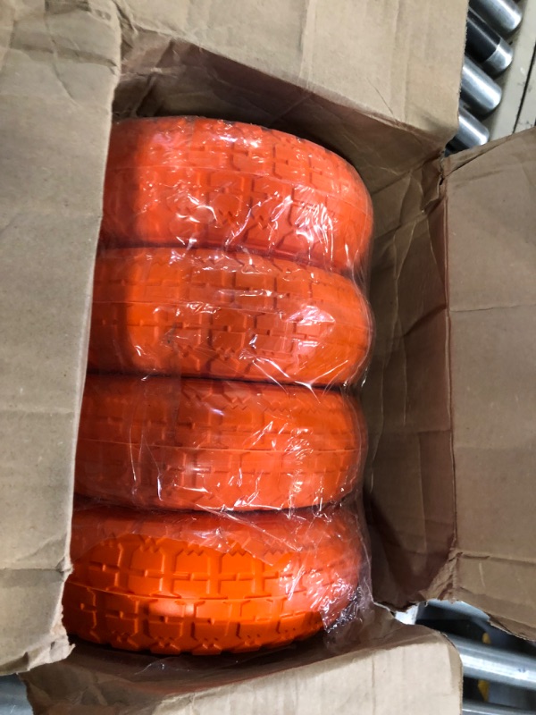 Photo 3 of 10" Flat Free Tires Solid Rubber Tyre Wheels?4.10/3.50-4 Air Less Tires Wheel with 5/8" Center Bearings?for Hand Truck/Trolley/Garden Utility Wagon Cart/Lawn Mower/Wheelbarrow/Generator?4 Pack, Orange 12.4 Pounds Orange