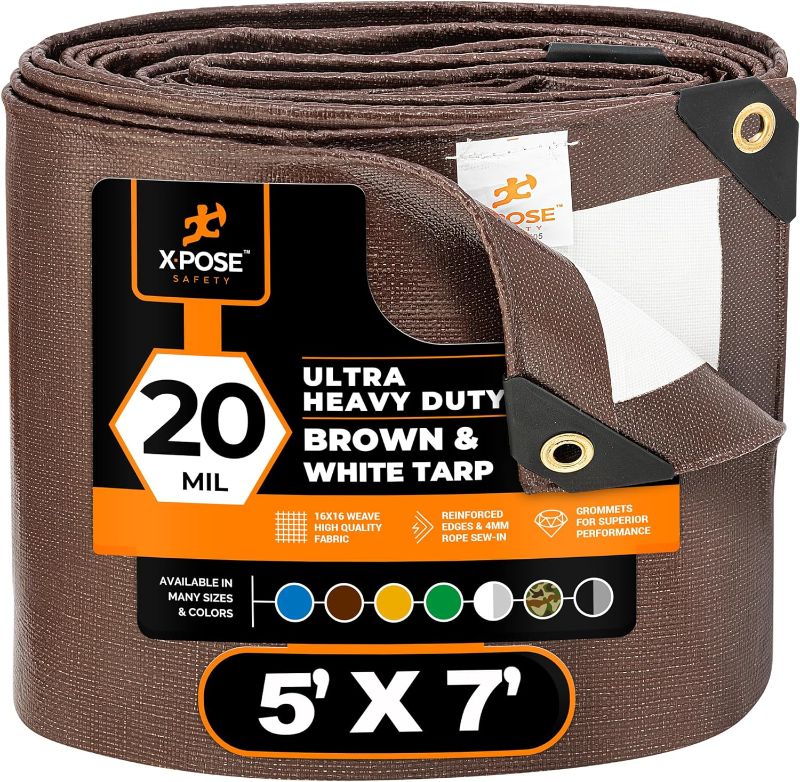 Photo 1 of 5' x 7' Brown/White Ultra Heavy Duty Tarp - 20 Mil Tarps Heavy Duty Waterproof 5x7 - Large Outdoor Tarp, Waterproof Tarp Cover for Rain Camping, Tent Tarp, UV Protection, Reinforced Corners
