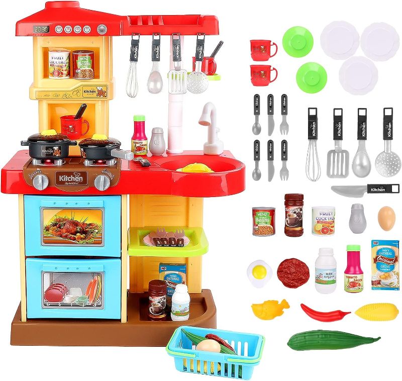 Photo 1 of deAO Kitchen Playset Toy Pretend Food with Sounds and Lights Role Playing Game Pretend Food and Cooking Playset for Toddlers,Kitchen Toys for Boys Girls