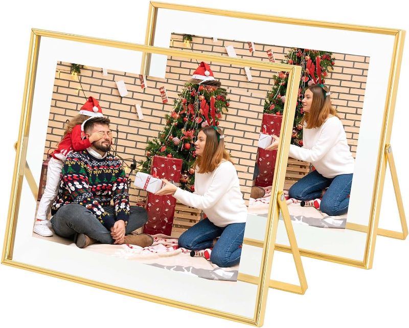 Photo 1 of 8x10 Floating Frame (Horizontal), Gold Picture Frame Hold 8x10in 6x8in 5x7in Photo for Tabletop Display, Gift Choice for Festival-Glass Metal Stand Frame (Gold, 2 Pack)