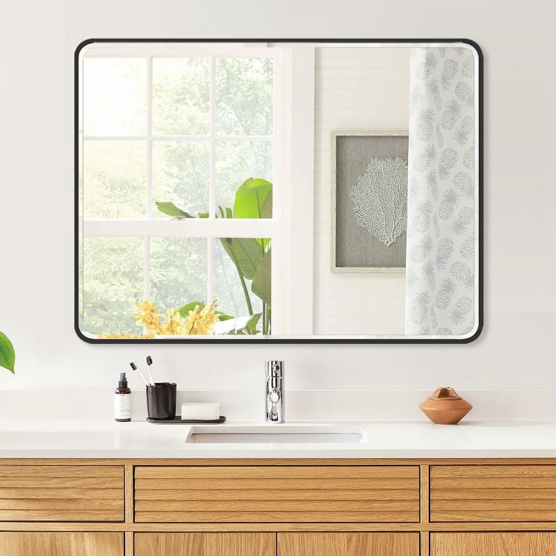 Photo 1 of 30x40 Inch Black Mirror with Beveled Trim, Copper-Free Mirror, Rounded Corner Aluminum Frame Bathroom Vanity Mirror, Modern Rectangle Wall Mounted Mirror, Horizontal or Vertical