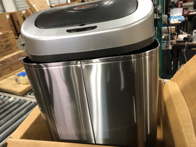 Photo 3 of **NEEDS NEW LID** NINESTARS DZT-50-9 Automatic Touchless Infrared Motion Sensor Trash Can, 13 Gal 50L, Stainless Steel Base (Oval, Silver/Black Lid)