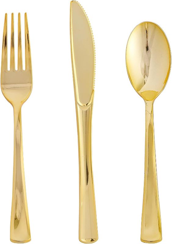 Photo 1 of FOCUSLINE 75 Pack Gold Plastic Silverware Disposable Cutlery Set - 25 Forks, 25 Knives, 25 Spoons - Disposable Flatware Heavy Duty Plastic Utensils Set for..