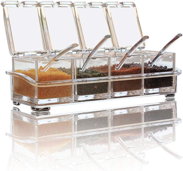 Photo 1 of Clear Seasoning Box, 4 Pieces Seasoning Storage Container Condiment Jars, Seasoning Rack Spice Pots Sugar Cruet with Cover and Spoon