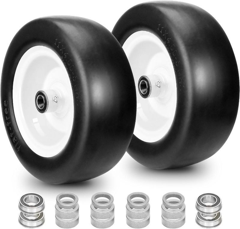 Photo 1 of 11x4.00-5 lawn mower tires flat free, Solid Smooth Tires and Wheel with 3/4" or 5/8" & 1/2" Precision bearings, 3.4"-5.6" Centered Hub, for Zero-Turn Lawn Mowers, Extra Universal Adapter Kit (2 Pack)