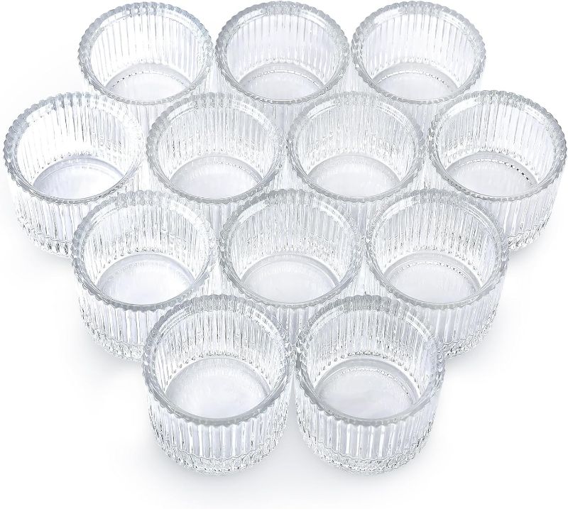 Photo 1 of 12Pcs Glass Votive Candle Holders for Wedding Decor, Clear Tea Lights Candle Holder for Table Centerpiece Decorations, Ribbed Votive Candle Holders Bulk for Home Decor (2.1'' x 1.4'' Clear)