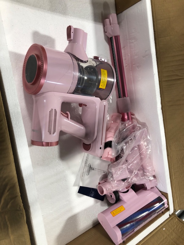 Photo 3 of **MISSING POWER CORD//UNABLE TO TEST** Homeika Cordless Vacuum Cleaner, 28Kpa Powerful Suction, 380W Strong Brushless Motor with 8 in 1 Lightweight Stick Vacuum Cleaner with 50 Min Runtime Detachable Battery for Pet Hair & Carpet, Pink