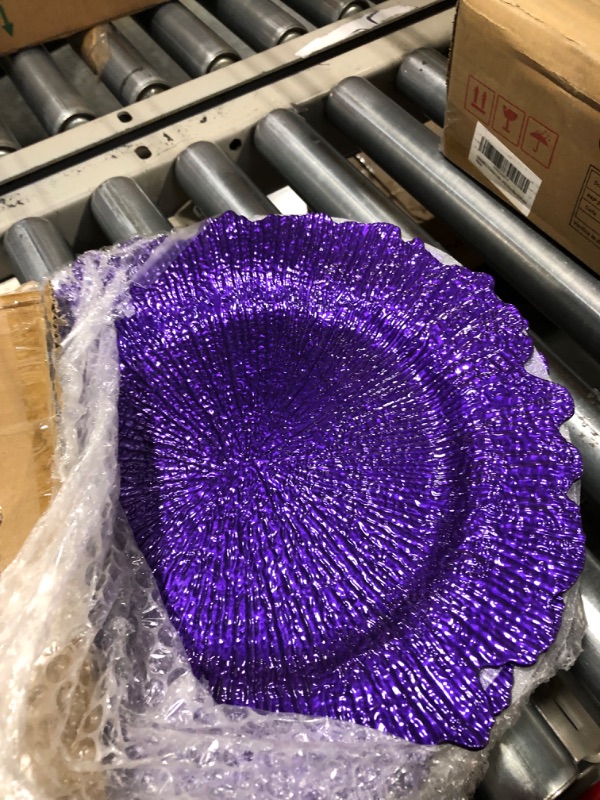 Photo 1 of **CRACKED PLATE (1)** WUWEOT 12 Pack Purple Charger Plates, 13" Plastic Reef Dinner Under Plates, Round Charger Service Base Plates Bulk with Ruffled Rim for Party, Wedding, Catering Event, Tabletop Decor

