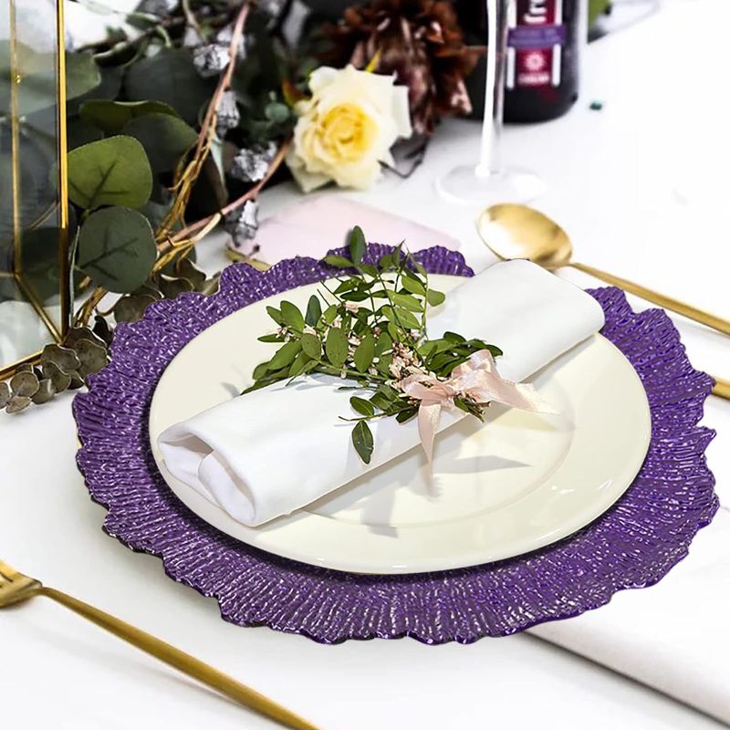 Photo 1 of **CRACKED PLATE (1)** WUWEOT 12 Pack Purple Charger Plates, 13" Plastic Reef Dinner Under Plates, Round Charger Service Base Plates Bulk with Ruffled Rim for Party, Wedding, Catering Event, Tabletop Decor
