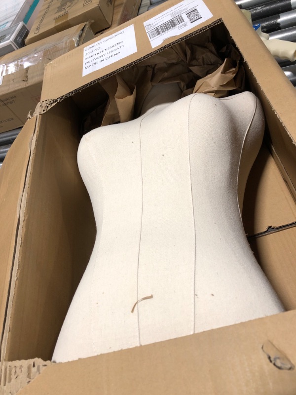 Photo 3 of EaseHome Dress Form Mannequin Body, 50”-70”Adjustable Height Female Beige Linen Fabric Manikin Torso with Detachable Gold Metal Bracket and Rectangular Base Clothing Forms Beige Body Silvery Base