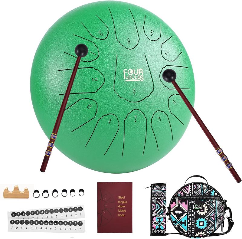 Photo 1 of **in white not green**FOUR UNCLES Steel Tongue Drum 12 Inch 13 Notes Hand Pan Drums with Travel Bag Sticks Music Book Mallets, C Major Musical Instruments for Entertainment Meditation Yoga Zen Gifts  12inch  white