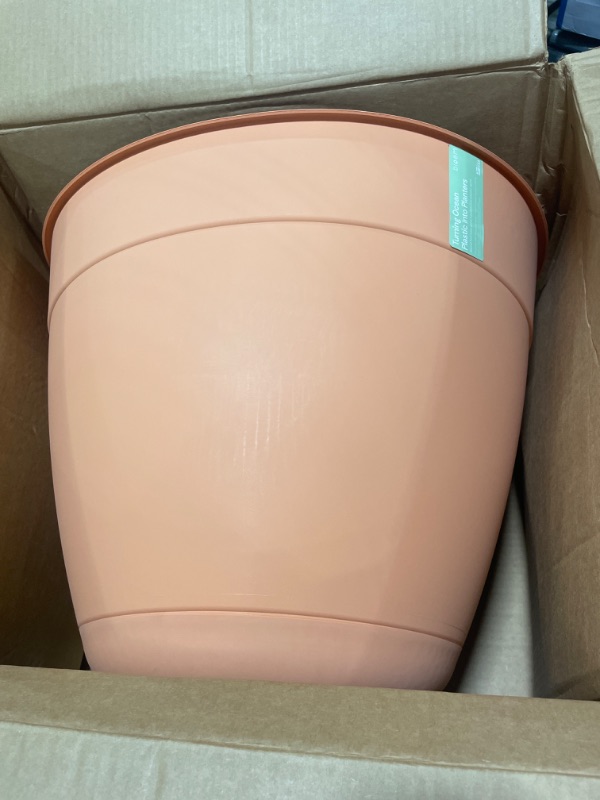 Photo 3 of Bloem Dayton Planter with Saucer: 20" - Coral - 100% Recycled Plastic Pot, Removable Saucer, Elevated Feet, for Indoor and Outdoor Use, Gardening, 16.5 Gallon Capacity Coral 20"