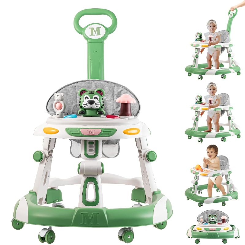 Photo 1 of Baby Walker, 4-in-1 Foldable Baby Walkers and Baby Activity Center with Toys Tray,3-Gear Height Adjustable Infant Toddler Baby Walker with Wheels for Baby Boys and Girls 6-24 Months(Green)
