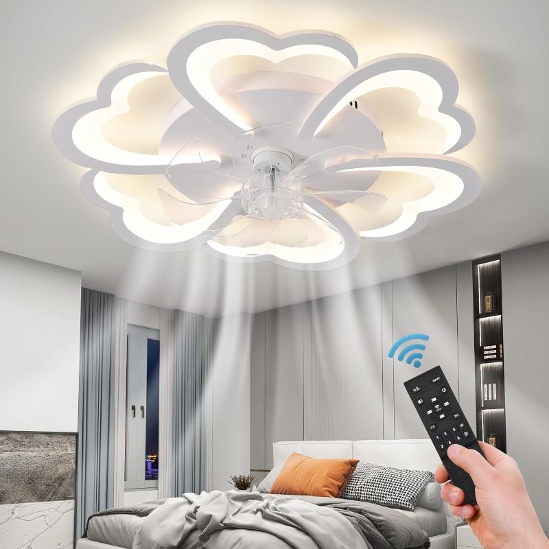 Photo 1 of Geometric Ceiling Fan with Light Remote Control, 27" White Flush Mount Ceiling Fan with Lights, 6 Speeds 3 Light Color Low Profile Ceiling Fan for Kitchen Nursery Room
