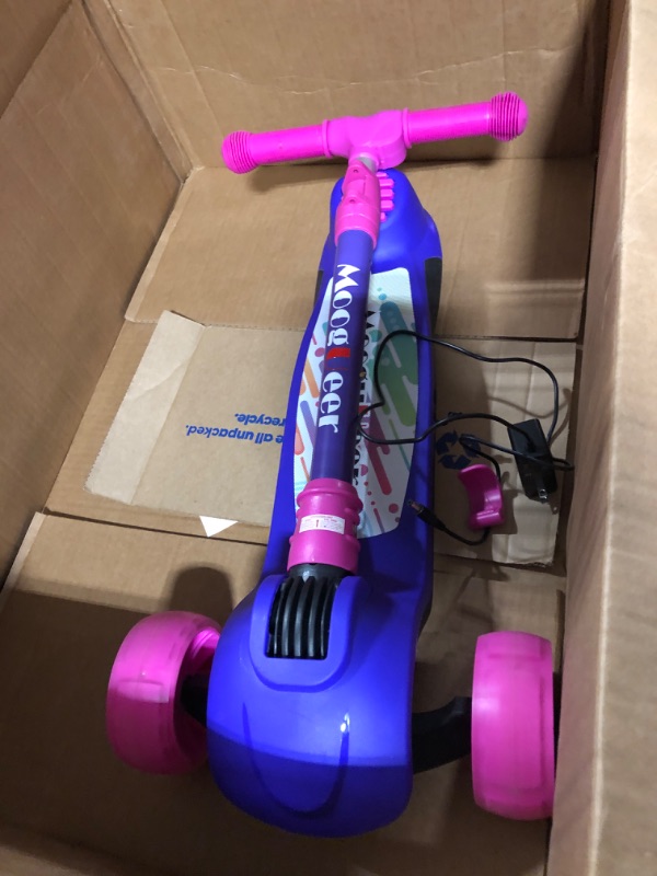 Photo 2 of **good used**3 Wheel Electric Scooter for Kids, Electric Scooters for Children Ages 3-8, Thumb Accelerator, Flashing LED Wheels, 5 MPH Safe Speed, Folding, for Kids, Boys & Girls
