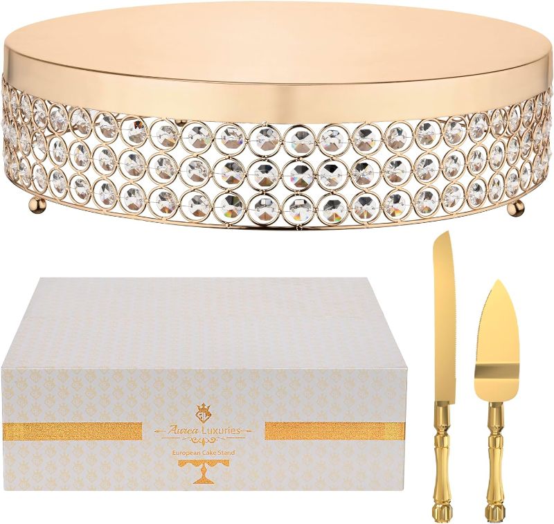 Photo 1 of **missing box**16'' Gold Cake Stand with Stainless Steel Cake Knife & Server – 3Pcs Set Luxurious Cake Holder with Crystal Beads – Multipurpose Dessert Stand Dessert Table Display for Wedding, Party, (Gold)