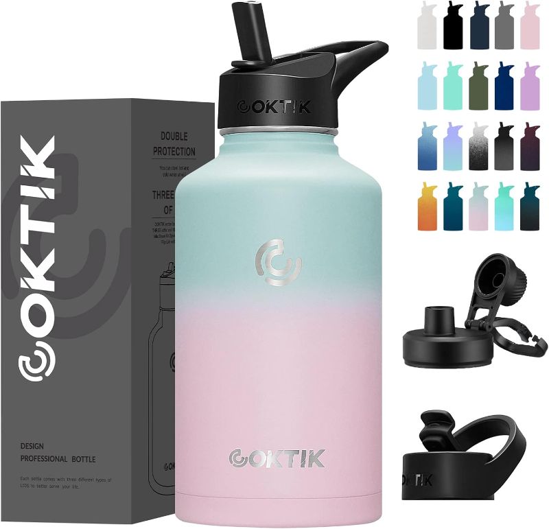 Photo 1 of **Used**COKTIK 64 oz/Half Gallon Vacuum Insulated Jug, Double Walled Stainless Steel Sports Water Bottle with Reusable 3 Lids for Camping, Gym, Fitness or Office(Bubble Gum)
