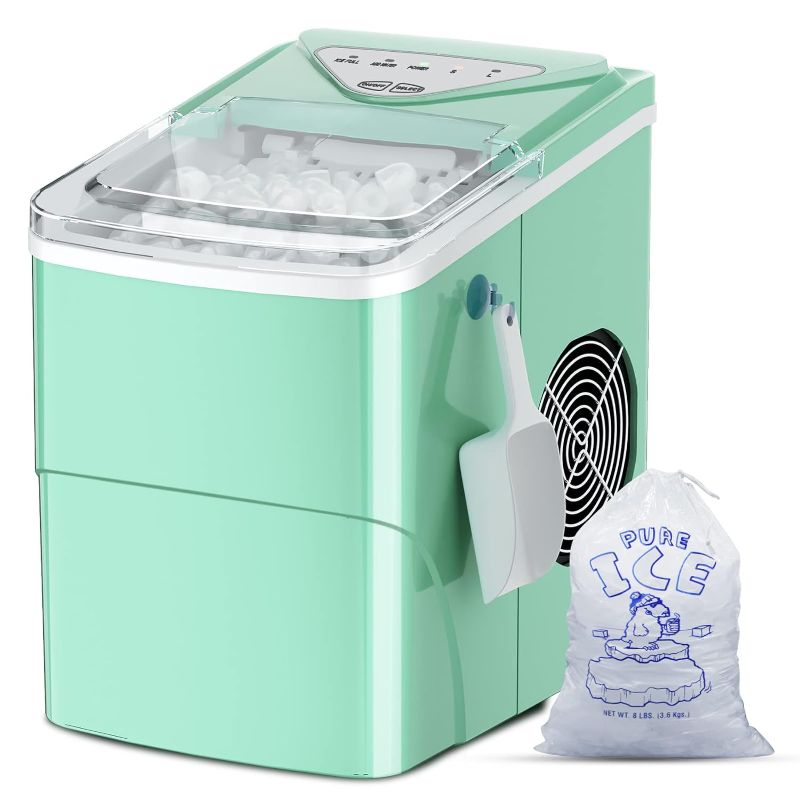 Photo 1 of Ice Makers Countertop, Self-Cleaning Function, Portable Electric Ice Cube Maker Machine, 9 Bullet Ice Ready in 6 Mins, 26lbs 24Hrs with Ice Bags and Scoop Basket for Home Bar Camping RV(Green)
