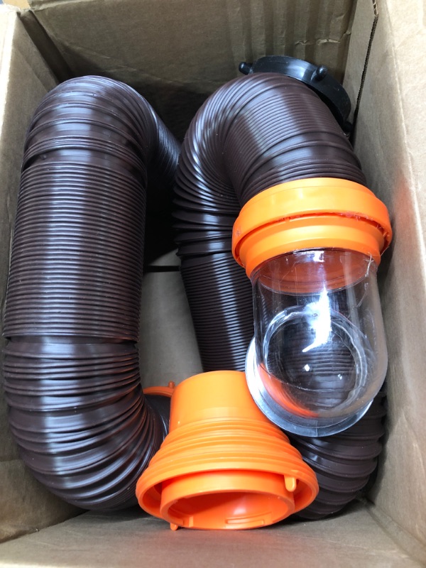 Photo 3 of Camco RhinoFLEX RV Sewer Hose Kit with Swivel Transparent Elbow and 4-in-1 Dump Station Fitting, Brown, 15 Feet (39770) 15ft Sewer Hose Kit Frustration-Free Packaging