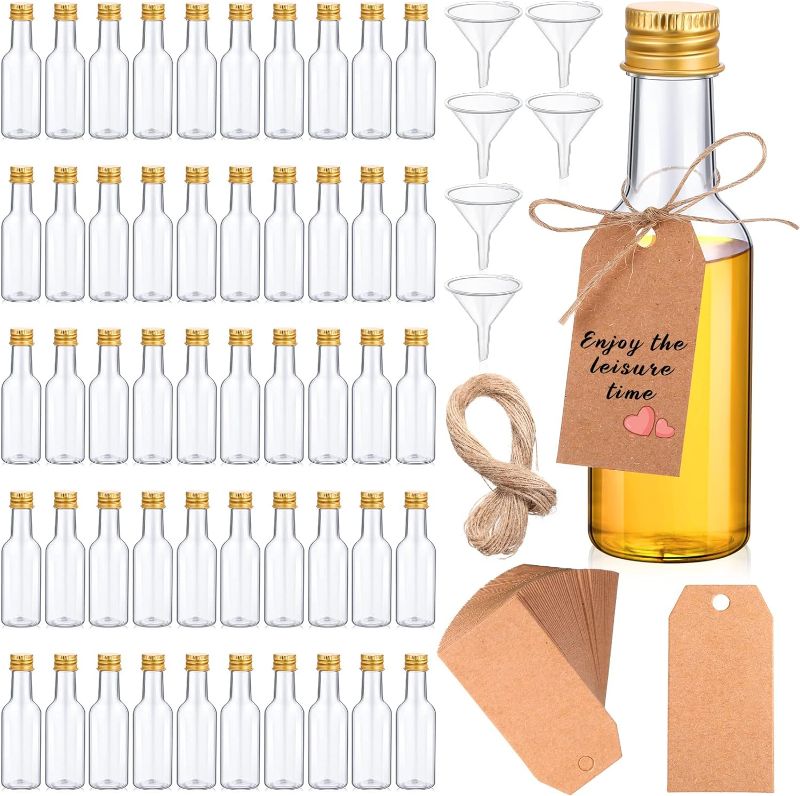 Photo 1 of 100 Pcs Mini Liquor Bottles Set, 1.7oz Plastic Spirit Bottles Mini Plastic Alcohol Shot Bottles with Caps, 6 Liquid Funnels and Kraft Tags with 65 ft Ropes for Party (Gold Cap)
