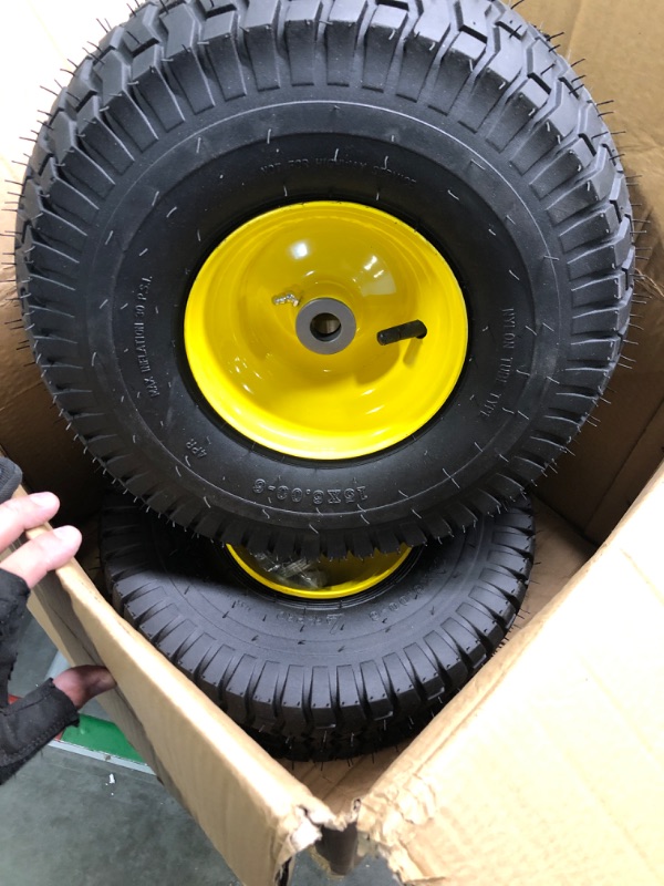 Photo 2 of (2 Pack) AR-PRO Exact Replacement 15" x 6.00 - 6" Front Tire and Wheel Assemblies for John Deere Riding Mowers - Compatible with John Deere 100 and D100 Series - 3” Hub Offset and 3/4” Bushings 15" x 6.00-6" Yellow