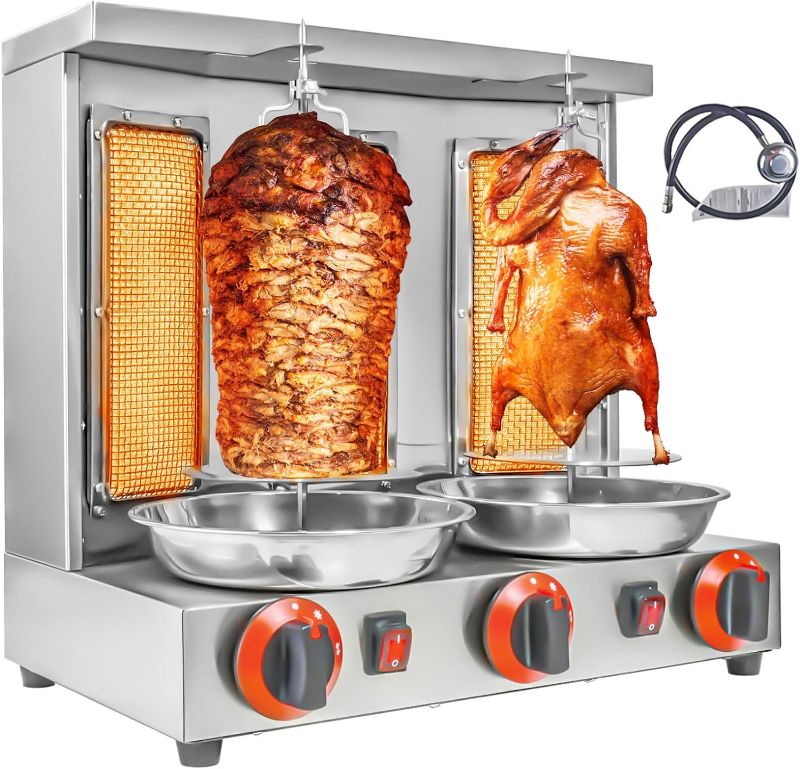 Photo 1 of **Used**XGN Shawarma Machine 3 Burners Kebab Grill Vertical Rotisserie with 2 Auto Spinning spits for Meat Rotisserie, Chicken Roast, Silver