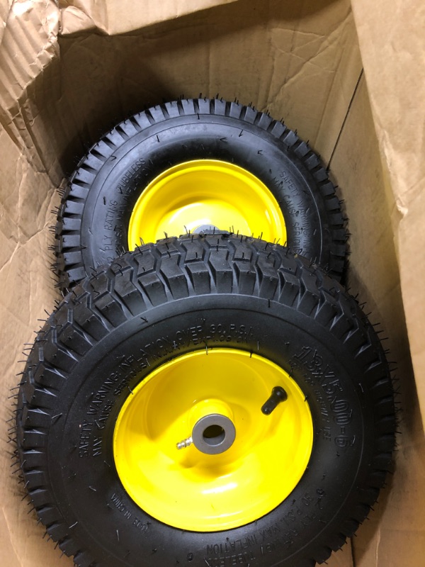 Photo 2 of (2 Pack) AR-PRO Exact Replacement 15" x 6.00-6" Front Tire and Wheel Assemblies for John Deere Riding Mowers - Compatible with John Deere 100 and D100 Series - 3” Centered Hub and 3/4” Bushings 15 x 6.00-6" Yellow