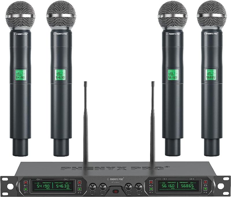 Photo 1 of **Sealed**Phenyx Pro Wireless Microphone System, 4-Channel UHF Wireless Mic, Fixed Frequency Metal Cordless Mic with 4 Handheld Dynamic Microphones, 260ft Range, Microphone for Singing,Church(PTU-5000-4H)
