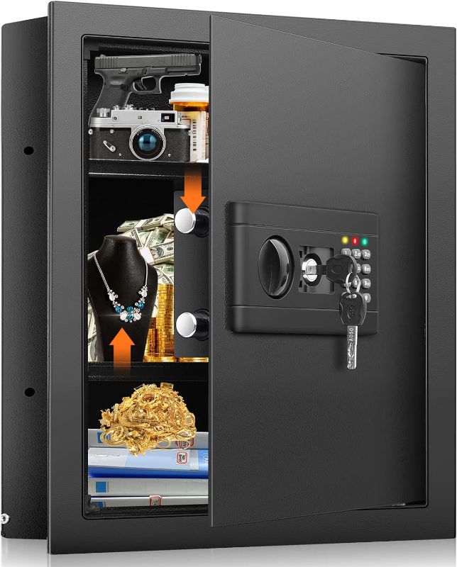 Photo 1 of 17.72" Tall Fireproof Wall Safes Between the Studs 16" Centers, Hidden Wall Safe with 2 Removable Shelf & Hidden Tray, Heavy Duty Wall Mount Safe for Firearms, Money, Jewelry, Passport Black
