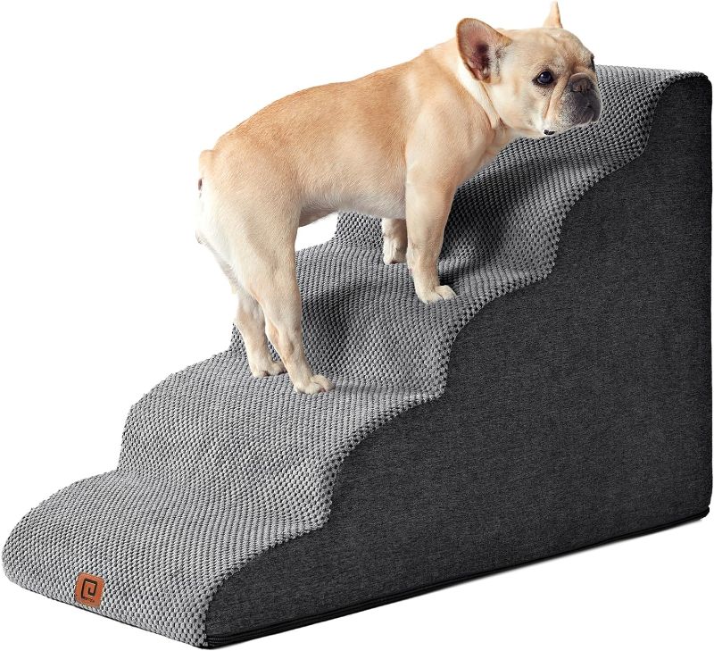 Photo 1 of **Sealed**EHEYCIGA Curved Dog Stairs for High Beds 22.6" H, 5-Step Dog Steps for Small Dogs and Cats, Pet Stairs for High Bed Climbing, Non-Slip Balanced Pet Step Indoor, Grey
