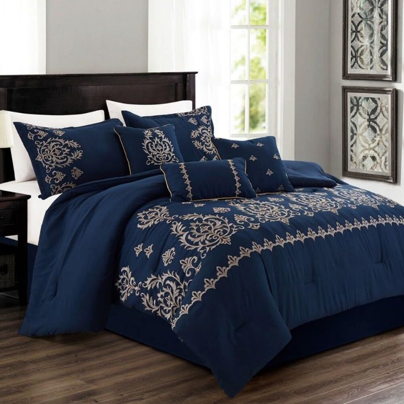 Photo 1 of **New Open**Bed Bath & Beyond Embroidery Comforter Set 7 Alternative Calking Navy Blue
