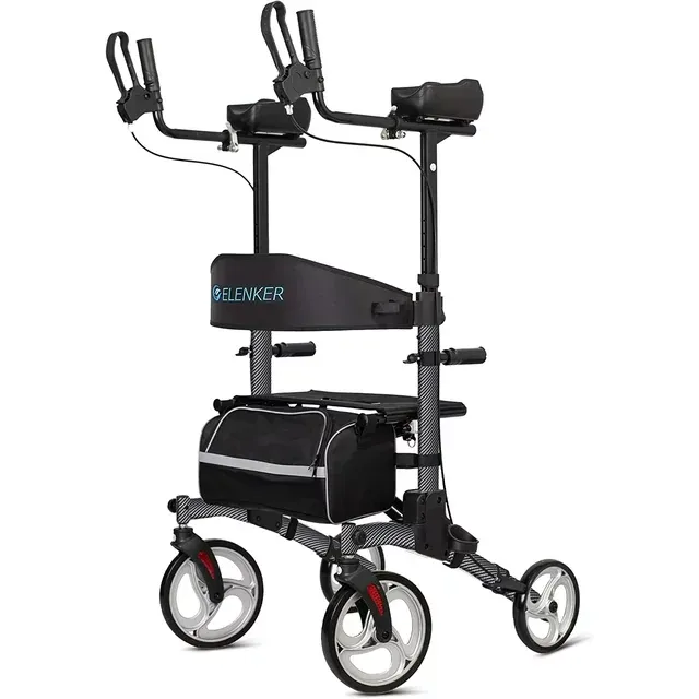 Photo 1 of ELENKER Upright Rollator Walker, Tall Folding Rollator Walker with 10” Front Wheels for Seniors and Adults Fiber Black
