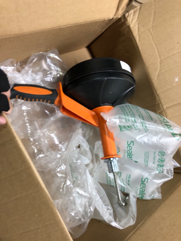 Photo 2 of *Like New**Drain Auger, Breezz Clog Remover with Drill Adapter, 25 Feet Heavy Duty Flexible Plumbing Snake Use Manually or Powered for Kitchen,Bathrom and Shower Sink, Comes with Gloves (Orange)