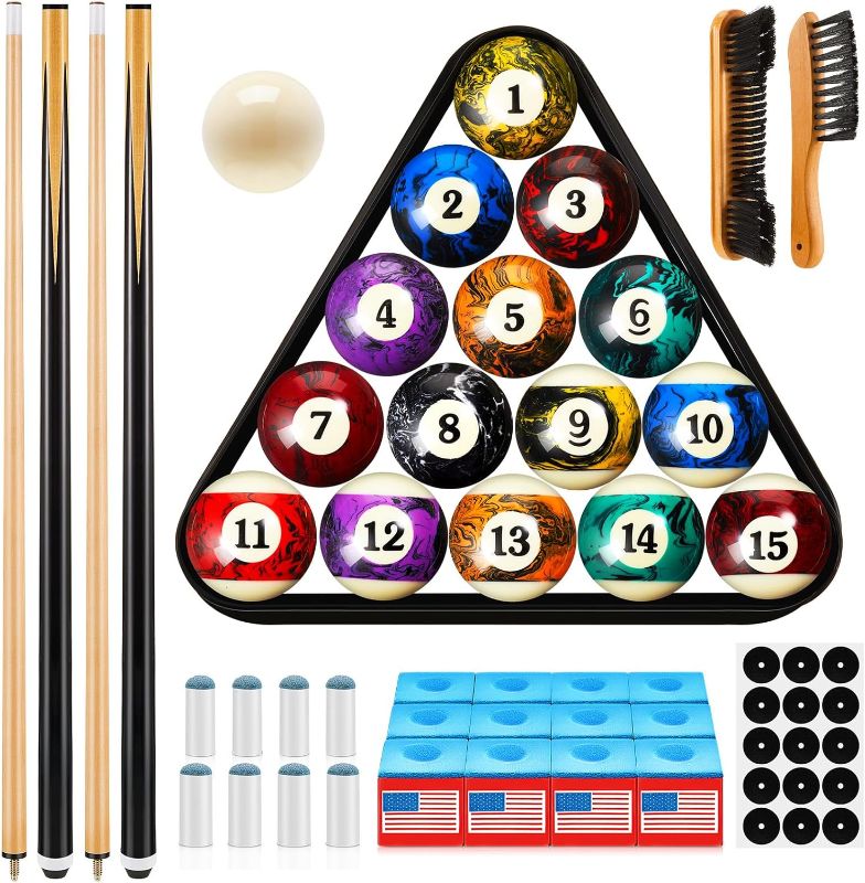 Photo 1 of 71Pcs Pools Table Accessories Billiards Accessories Billiard Pool Balls with Triangle Ball Stand Cue Chalks Pool Cue Tip Table Spot Sticker Pool Sticks Pool Table Brush
