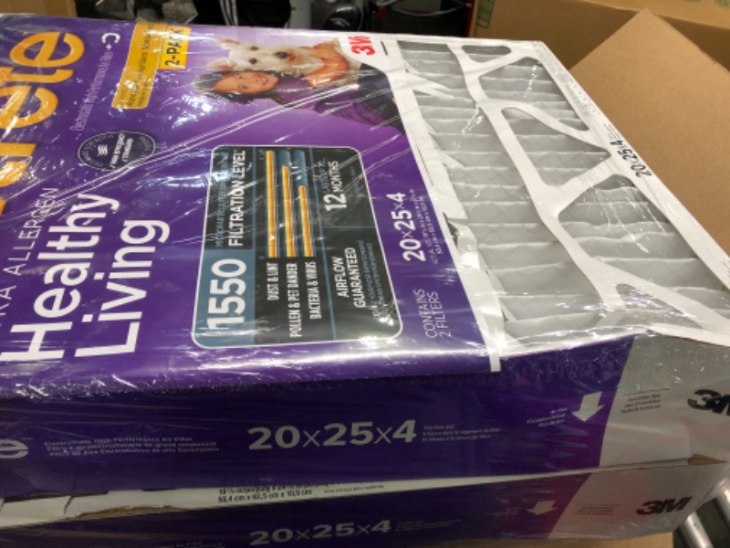 Photo 3 of **Minor Damage**Filtrete 20x25x4, AC Furnace Air Filter, MPR 1550 DP, Healthy Living Ultra Allergen Deep Pleat, 2-Pack (Actual 19.88 x 24.63 x 4.31) 2 Count (Pack of 1) 20x25x4 2-Pack
