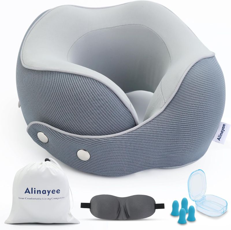 Photo 4 of ***PILLOW ONLY***   Alinayee Memory Foam Neck Pillow-Travel Pillow for Sleeping on Airplane,Adjustable Head Support Plane Pillow,Comfortable Cooling Cover,Flight Kit-3D Eye Mask,Earplugs,and Storage Bag (Light Gray)