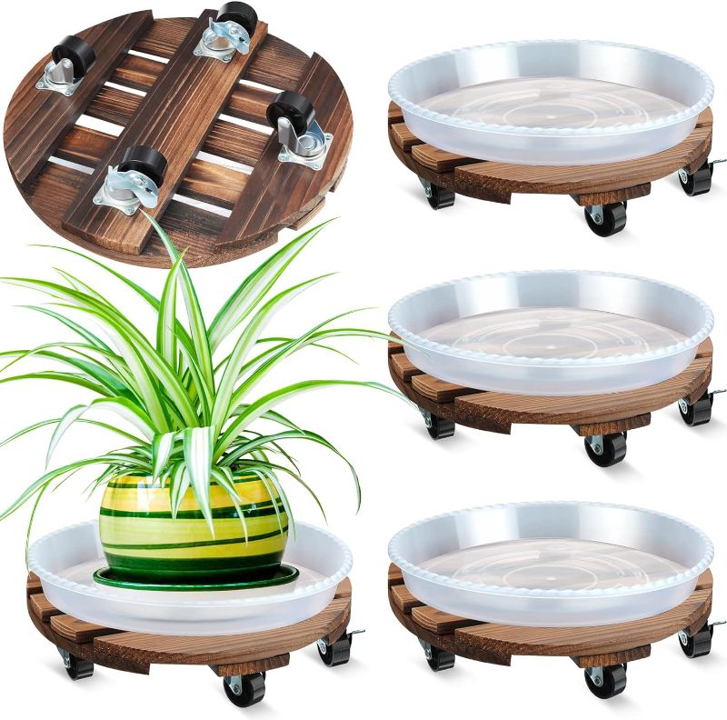 Photo 1 of 4 Packs Wooden Plant Stand with Wheels 12 Inch Plant Dolly with Wheels Heavy Duty Rolling Plant Dolly Wooden Stand with Casters for Indoor and Outdoor Plant Pot Rollers Included Plastic Plant Saucers
